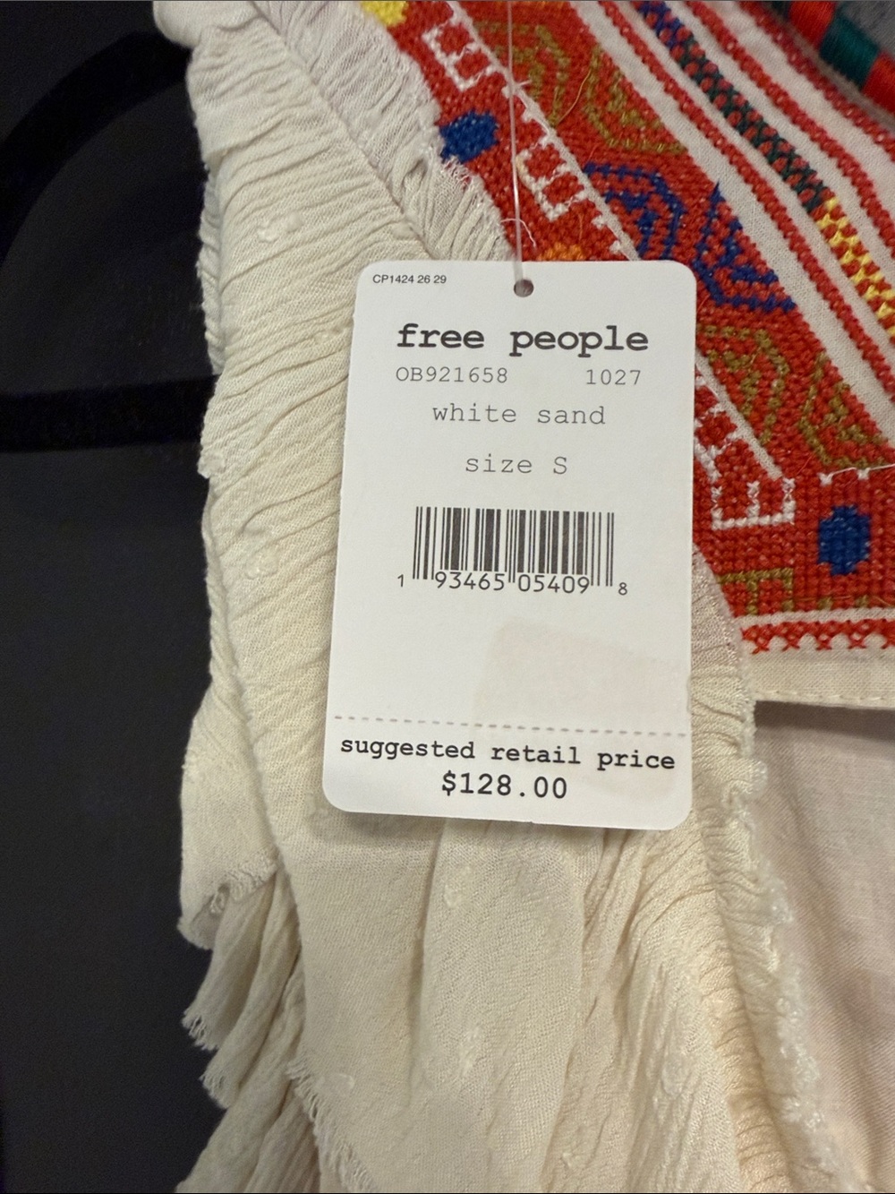 Free People BNWT Embroidered Ivory Peasant Top with Multicolor Trim - Picture 9 of 11